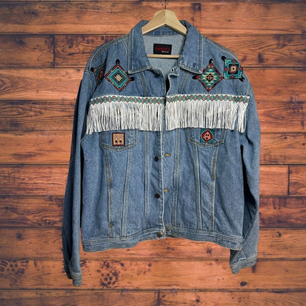 Vintage Sunbelt Aztec Denim Western Fringe Button Front Jacket Medium